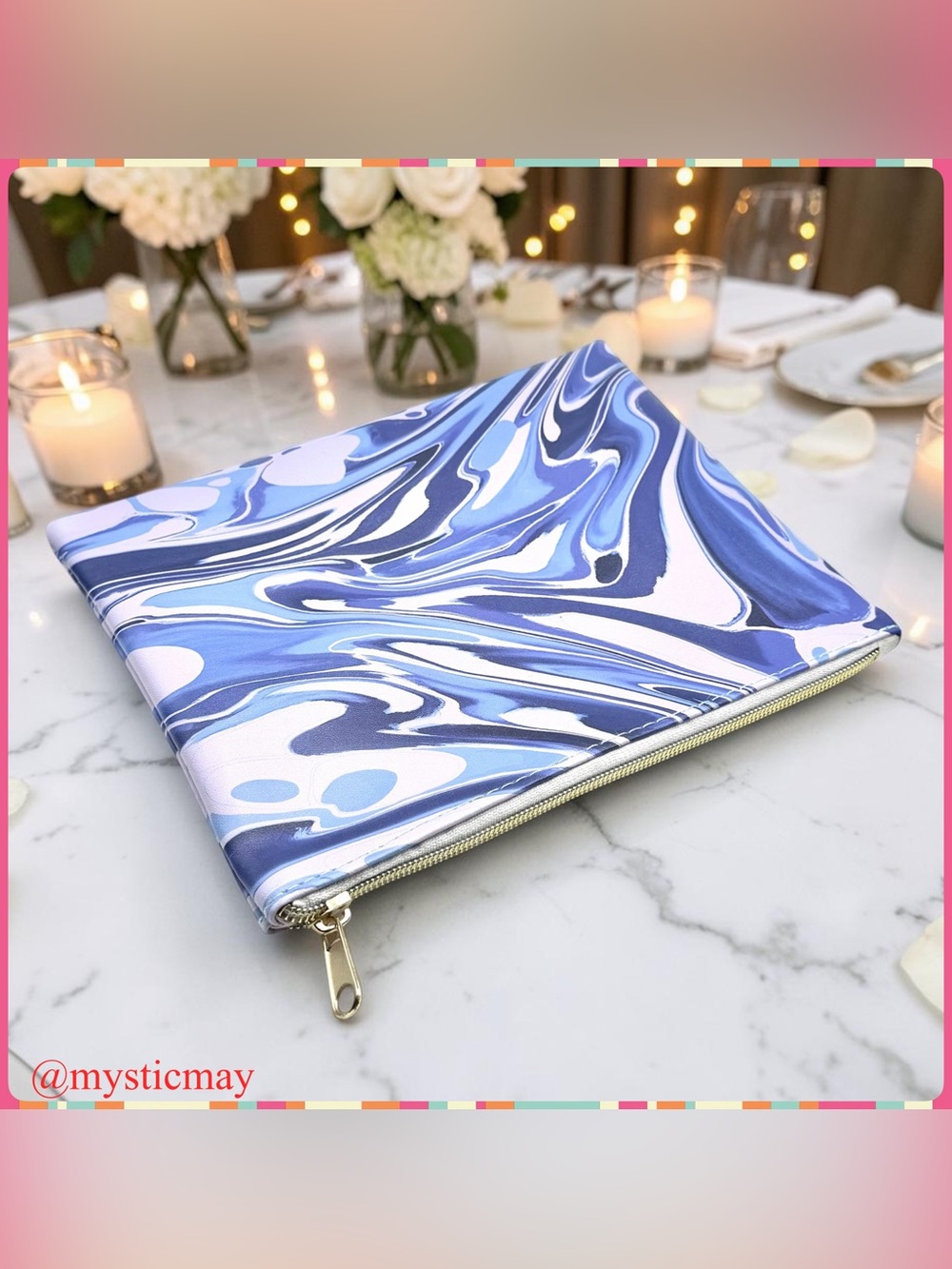 New PAPER SOURCE Purple w Blue VEGAN LEATHER MARBLE SWIRL ZIP POUCH Makeup Bag